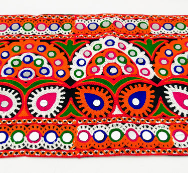 Black Cotton Fabric Trim with Multicolor Embroidery and Real Mirror, Kutch Embroidery Trim, Paisley Decorative Border